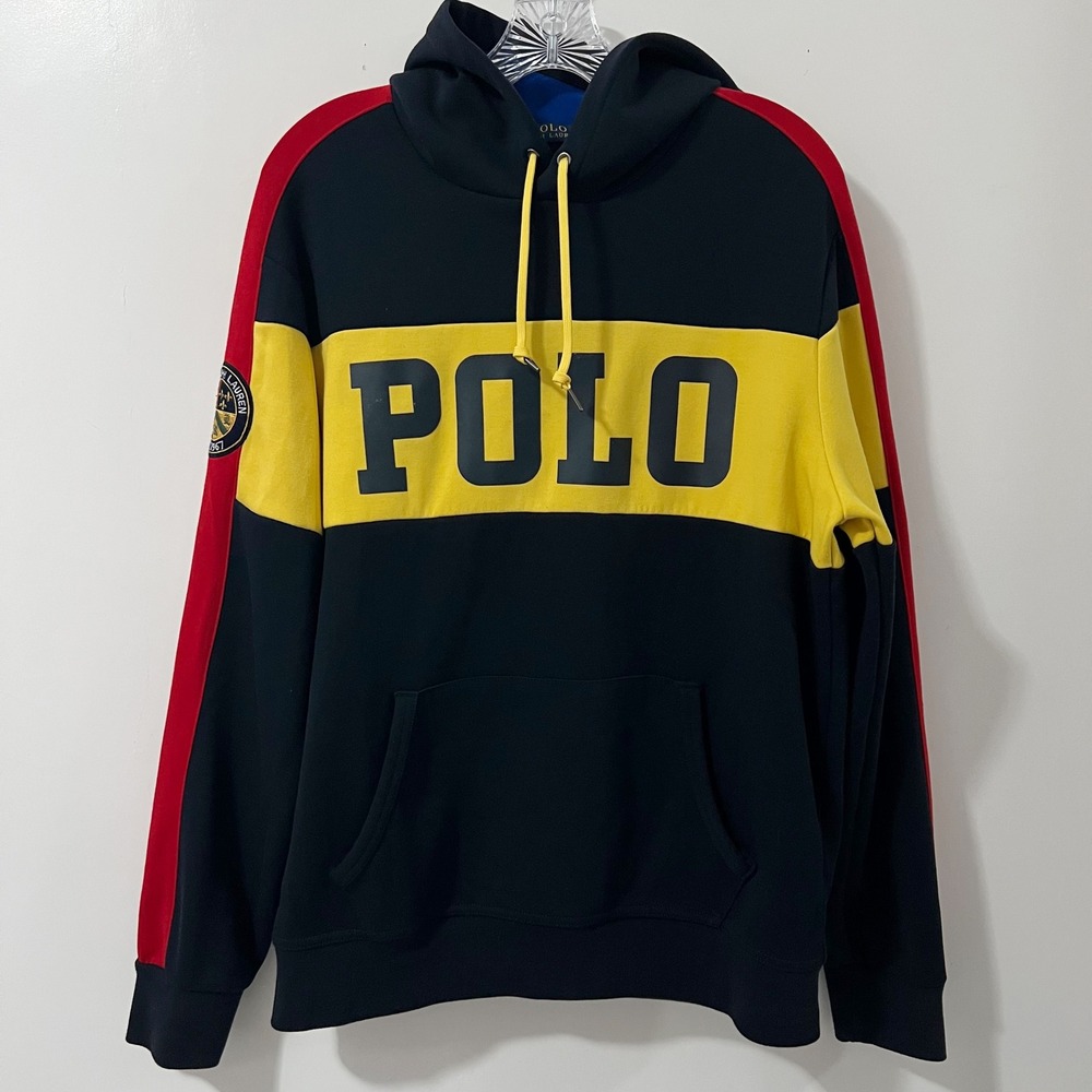 Polo Ralph‎ Lauren Mens Colorblock Hoodie Navy Blue Yellow Red Crest Logo M
